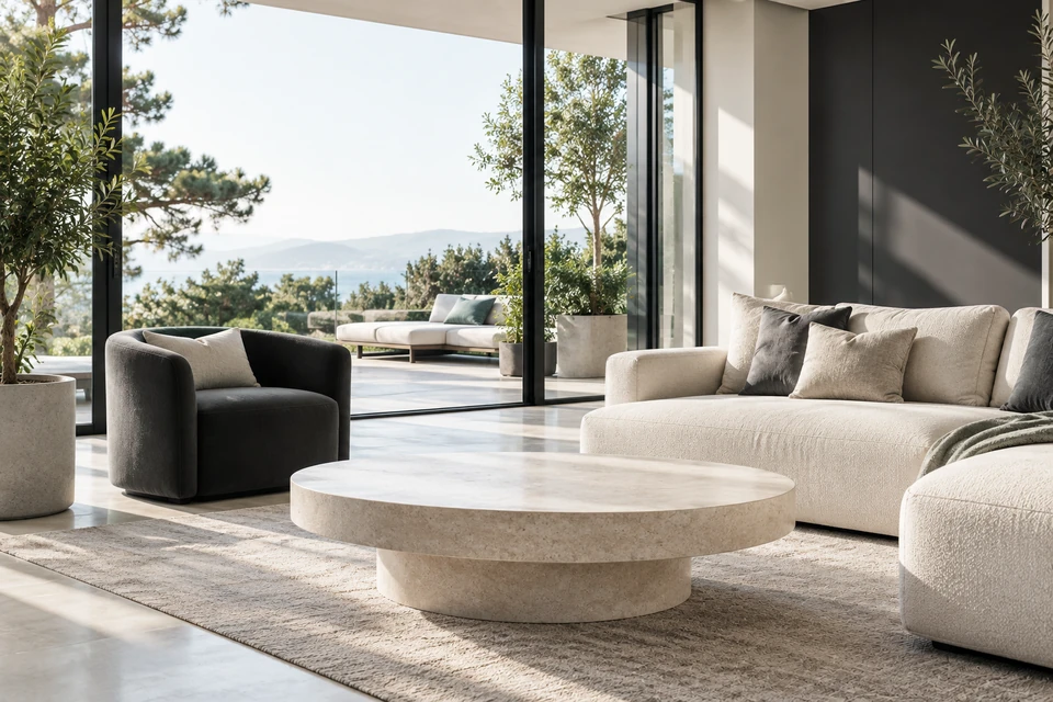 A bright lounge with cream sofas around a round stone table