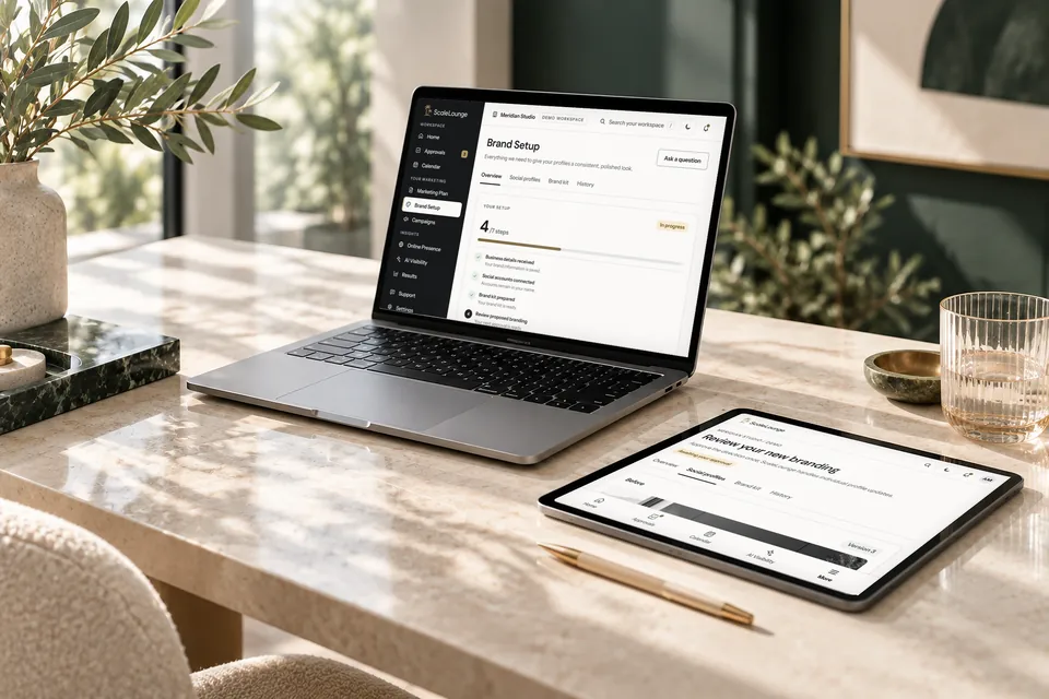 A laptop showing Brand Setup in the ScaleLounge client portal, four of seven steps done, and a tablet showing the new branding awaiting approval, on a marble desk in a bright office. The screens show sample data.