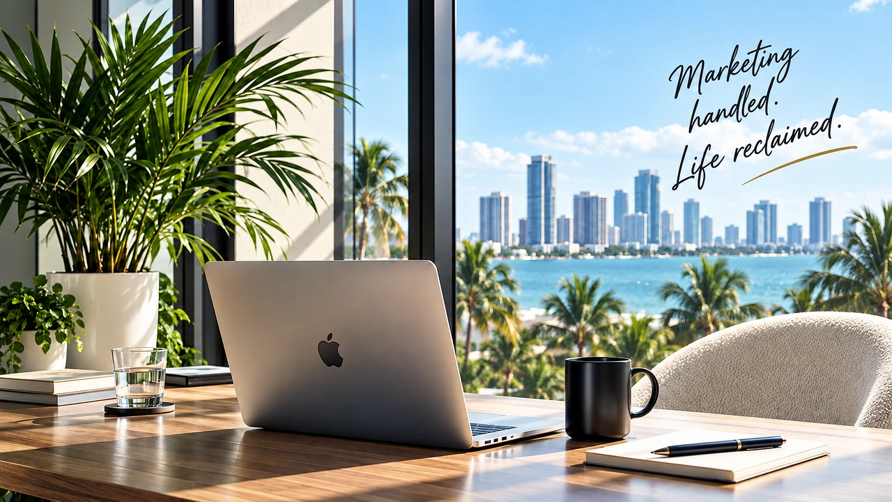 A laptop and a plain black mug on a desk by a window overlooking a waterfront skyline and palm trees, with handwritten script across the view